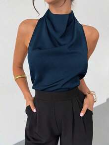 negra ajustada de estilo casual y elegante para la temporada de primavera/verano, con cuello asimétrico, sin mangas, escote halter, espalda descubierta y decoración de lazo - Azul - Ver 8