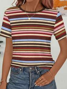 Frenchy Camiseta de mujer de manga corta, cuello redondo, ajustada y minimalista, adecuada para primavera/verano, con estampado de rayas rosa y marrón - Multicolor 4 - Ver 2