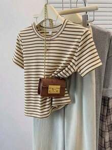 Frenchy Camiseta de mujer de manga corta, cuello redondo, ajustada y minimalista, adecuada para primavera/verano, con estampado de rayas rosa y marrón - Marrón 5 - Ver 10