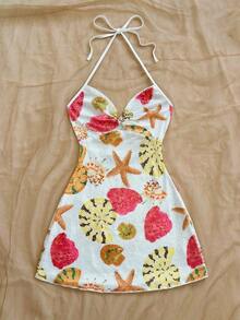 Vestido mini con textura, escote en V, decoración de estrella de mar metálica, cuello con lazo, espalda descubierta, ideal para vacaciones, citas, té de la tarde, días festivos, festivales de música, estilo bohemio - Azul - Ver 4