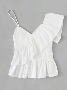 Kawaii Blusa con cuello asimétrico y ribete de volantes de moda Y2K para mujer - Blanco - Ver 4