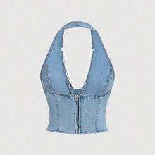 MOD Women Summer Front Tie Denim Halter Crop Top,Cute Halterneck Lace Bow Tight,Summer,Vacation,Off The Shoulder Top,Crop Tops Women,Going Out Tops Women,Birthday,Halter Tops,Vintage Tops,Cute Shirts,Hawaii,Birthday,Going Out Tops,Y2k Top - Lavado ligero - Ver 3