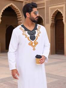 1pc White V-Neck Printed Men's Traditional Arabic Robe, Arabian Traditional, Saudi Men's Robe, Saudi Men's Pajamas, Moroccan Men's Robe - White - View 4