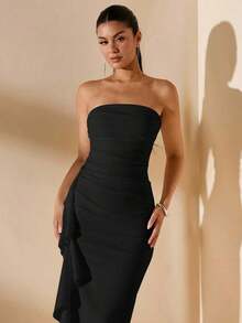 Vestido de dama de honor de boda de verano, vestido largo blanco con pliegues, abertura alta, volantes y tiras para fiesta, sin mangas y sin tirantes, sexy - Negro - Ver 5