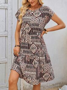 Vestido midi de mujer de manga corta y manga de murciélago con estampado floral, para verano - Multicolor - Ver 7