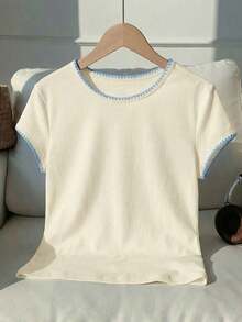 2026 Nueva Moda Camiseta Casual Versátil de Mujer con Cuello Redondo y Mangas Cortas, Contraste de Ribete, Top de Verano, Ropa de Primavera para Exteriores, Top Beige Casual Y2K - Beis - Ver 7