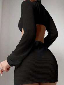Vestido camisa de mujer con cuello en V, recorte en la cintura y manga larga - Negro - Ver 2