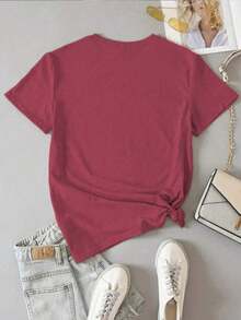 Women's Short Sleeve T-Shirt With Round Neck And Beach Sun Embroidery - 紅木色 - 查看 2