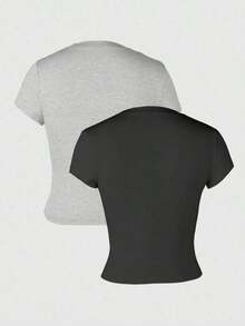 Camiseta De Verano Para Mujer unicolor De Cuello Redondo Y Manga Corta De Ajuste Delgado - Multicolor 5 - Ver 2
