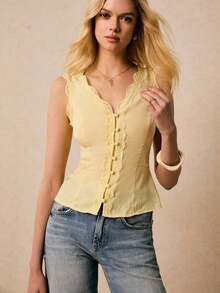 Camiseta sin espalda con escote en V, encaje y parches con estampado floral pequeño, estilo casual de verano y vacaciones - Amarillo - Ver 6