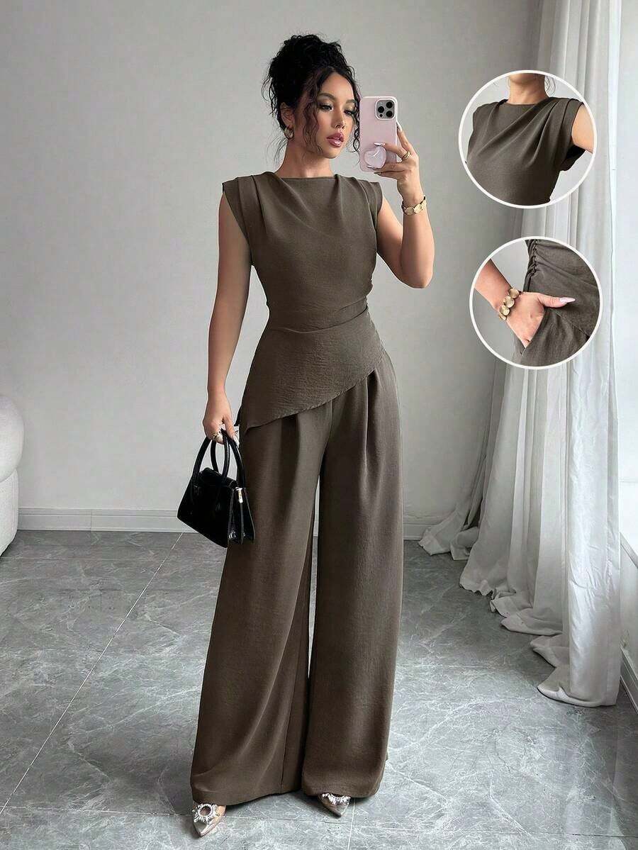 Set de 2 blusas sin mangas de cuello redondo con textura y pliegues de unicolor para mujer - Marrón Mocha - Ver 1