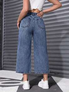 Jeans casuales de cintura alta con bolsillos y pierna ancha - Lavado ligero - Ver 2