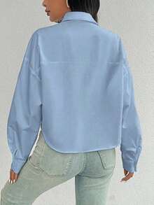 Camisa casual de manga larga con bolsillo, de ajuste suelto y hombros caídos, de unicolor, para primavera/verano, Top de manga larga - Azul - Ver 2