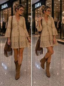 Elegant Short Women's Dress With Embroidered -Style Pointed Hem, Ideal For The Beach, Parties, Leisure, And Christmas. - 時尚棕色 - 查看 2