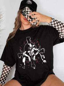 1 Piece 180g Women's Cotton Shirt, Oversized Short Sleeve Round Neck With Print For Daily And Street Wear, Designed By Y2K Artists In The Bababask Style - 黑色2 - 查看 6