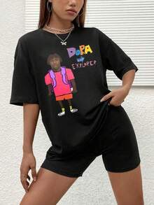 1 Piece 180g Women's Cotton Shirt, Oversized Short Sleeve Round Neck With Print For Daily And Street Wear, Designed By Y2K Artists In The Bababask Style - 黑色5 - 查看 6