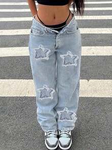 Jeans rectos de mujer con parche de estrella, estilo casual europeo y americano para primavera - Lavado ligero - Ver 4