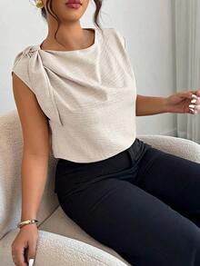 Camisa sin mangas de lino y algodón en beige con lazos en los hombros: informal para vacaciones, elegante para usar en la calle, adecuada para la oficina - Blusa talla grande para primavera y verano - Albaricoque - Ver 3