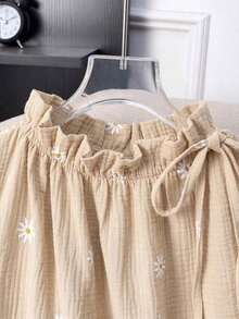 Blusa sin mangas con estampado floral diminuto y cuello con volantes, casual de verano para mujer - Caqui - Ver 3