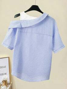 Camisa de mujer casual de manga corta raglán a rayas texturizada azul y blanca, de verano - Multicolor - Ver 2