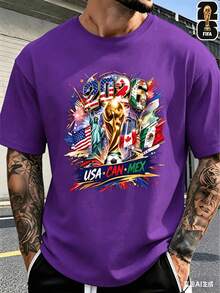 [FIFA World Cup Licensed]2026 USA-Canada-Mexico World Cup Football Pattern T-Shirt, 180g 100% Cotton, Round Neck, Comfortable Casual Sports T-Shirt Fo - 紫色 - 查看 1