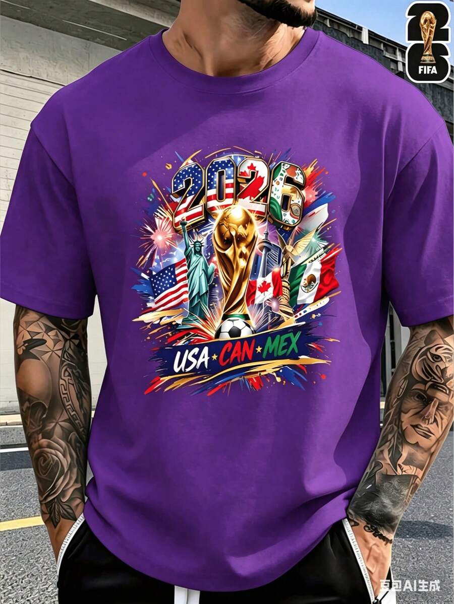[FIFA World Cup Licensed]2026 USA-Canada-Mexico World Cup Football Pattern T-Shirt, 180g 100% Cotton, Round Neck, Comfortable Casual Sports T-Shirt Fo - 紫色 - 查看 1
