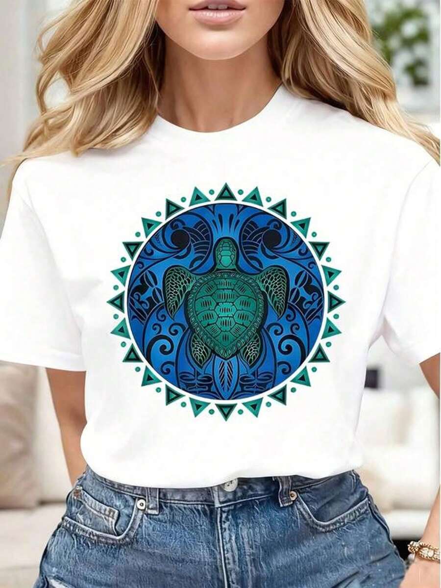 Camiseta casual de mujer con estampado de mandala de tortuga, suave y cómoda, regalo para cumpleaños y Navidad