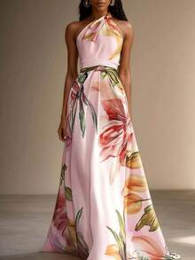 Vestido largo estampado elegante perfecto para pasarela fiestas y vacaciones estilo moderno sofisticado  moda europea para mujer - Rosa - Ver 2