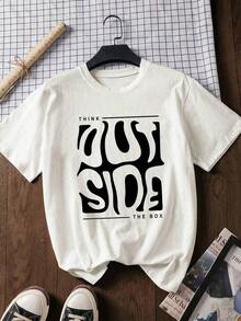 1pscY2K Top de Verano para Mujer, Bonito y Divertido. PIENSA FUERA DE LA CAJA, Fuente Wave Art, Estilo Minimalista Creativo, Camiseta de Mujer con Estampado de Letras de Dibujos Animados. Adecuado para diversas ocasiones, como regalo para festivales, cumpleaños, festivales de música, uso casual, versátil y cómodo, para vacaciones en la playa, sencillo y a la moda, adecuado para el uso diario de mujeres y niñas. 100% algodón. - Blanco - Ver 2
