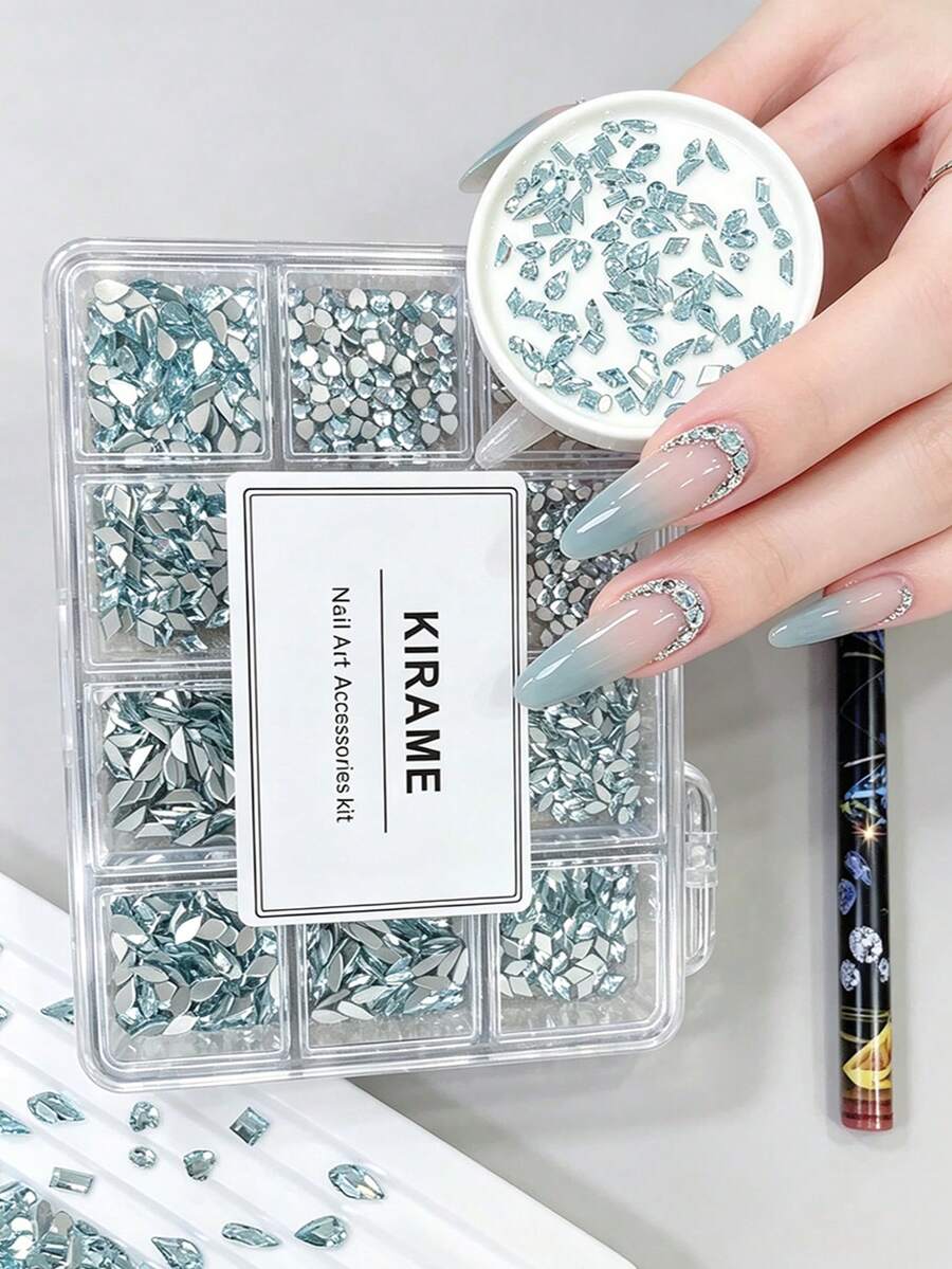 KIRAME 960顆湖藍色平底水鑽，高品質超亮美甲寶石套組，含1件點花工具，1.5-5mm閃亮美甲水晶，適用DIY居家美甲、美甲沙龍、美甲用品、夏季與旅行美甲、節日禮物