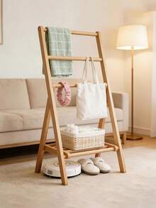 1pc Minimalist And Practical Bamboo Folding Clothes Rack Standing Coat Rack, Storage Rack, Compact Household Hanger Ideal For Bedrooms, Living Rooms, Dorms, Balconies Space-Saving And Portable - Wood Color - View 13