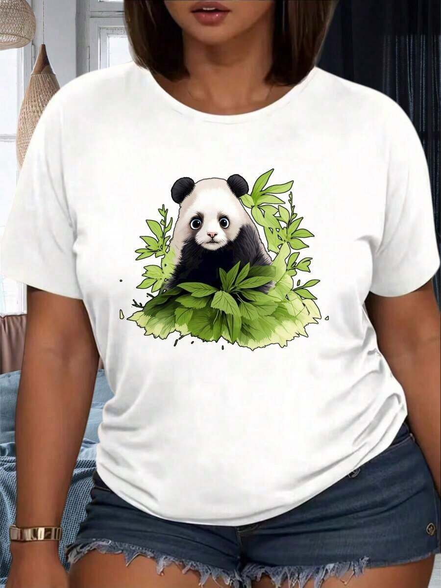 Women's T-Shirt With Panda Bear Print In Bamboo Forest, White, Casual, For Summer And Party, 220g, 100% Cotton, Women's Warm Clothing - 白色 - 查看 1