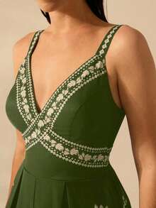 Mono largo sin mangas de mujer con estampado de árbol de plátano y árbol de coco, estilo bohemio, para vacaciones, casual, playa, verano - Verde - Ver 5
