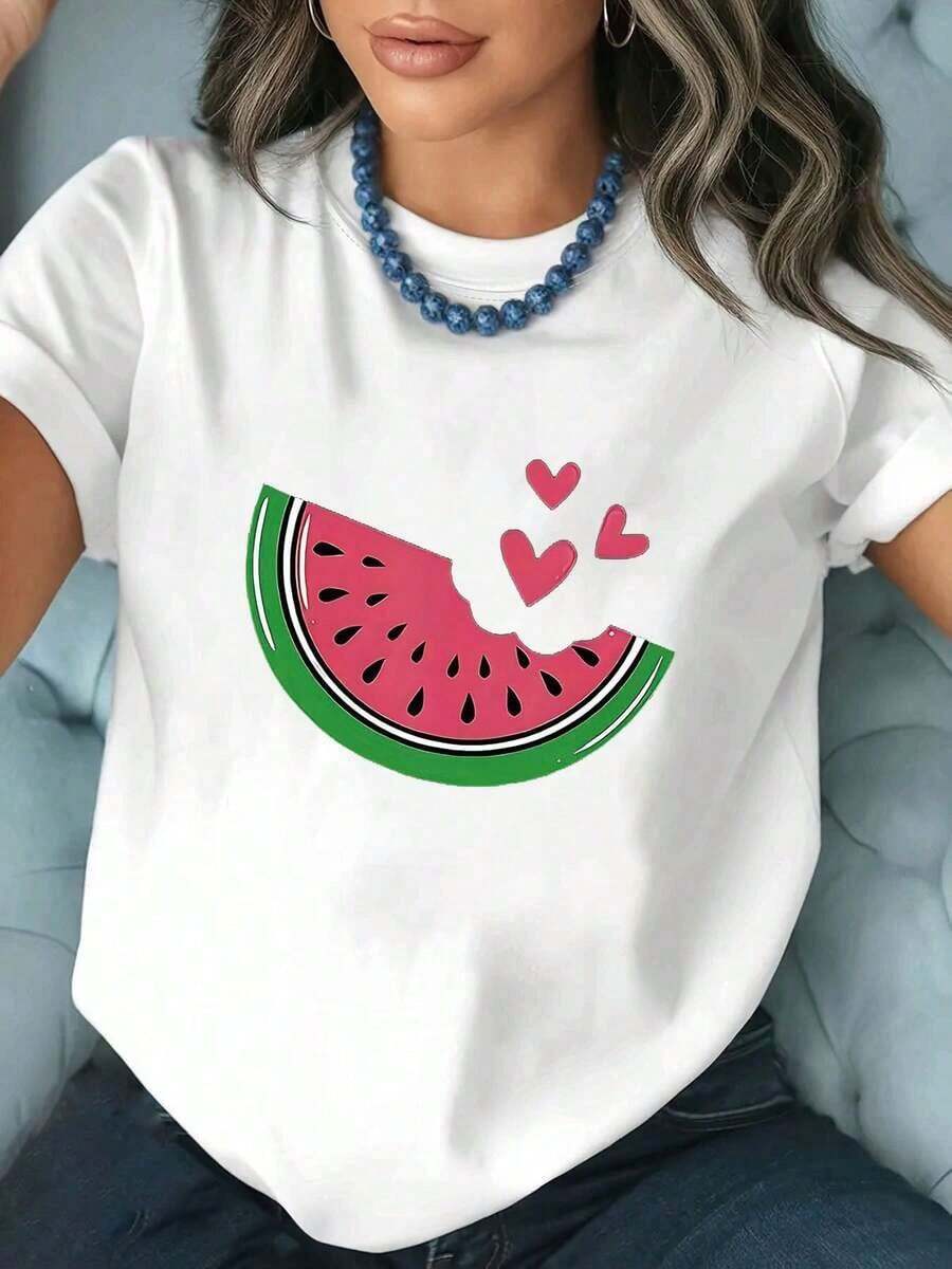 Camiseta de manga corta blanca de corte relajado con estampado gráfico de patrón retro, para mujer, combina con todo, suave. - Blanco - Ver 1