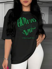 Classic T-Shirt With "How To Spell Love Heart" Typographic Print, Casual Short Sleeve, Women's Summer Clothing, Regular Length, Suitable For The Office, Work Outfits, Best-Selling Basic Garment. - 黑色 - 查看 6