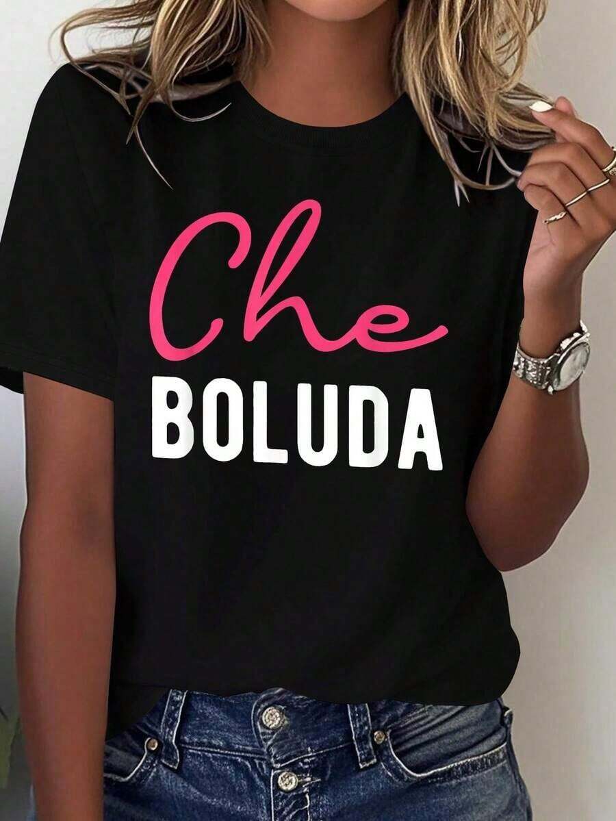 SummerCamisetas con estampados, lenguaje callejero argentino "Che Boludo", camiseta estampada de algodón puro para mujer, cómoda y versátil, de manga corta informal, 100% algodón. Camiseta d - Negro - Ver 1