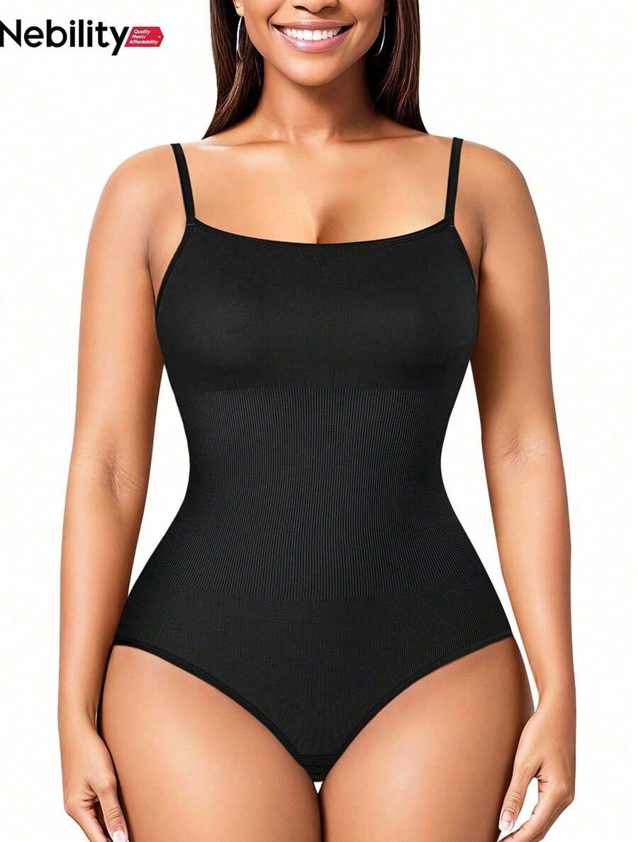 Nebility Fajas moldeadoras de cintura, monos, ropa para mujer, control de abdomen, sin costuras, moldeador de cuerpo completo, monos con cuello cuadrado, top - Negro - Ver 1