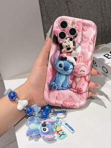 Disney Lilo & Stitch Phone Case With Stitch, Angel And Minnie Charm And Stitch Lanyard - Cute Stitch, Angel And Minnie Protective Case With Pink Floral And Butterfly Background Design, Equipped With Delicate Stitch Decorative Lanyard And Beaded Bracelet For Easy Carrying, Compatible With IPhone 17, 16, 15, 14, 13, 12, 11 Pro Series, Ideal For Birthdays, Holidays, Anniversaries, Graduation Gifts, Or Any Special Occasion To Surprise Family, Friends, Classmates, And Loved Ones. - White - View 6