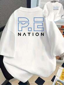 Camiseta gráfica de PE Nation para mujer - Letras PE en relieve en la parte delantera y trasera, camiseta blanca con cuello redondo para uso diario y eventos especiales - Camiseta casual para todas las estaciones para mujeres, camisetas de mujer, ropa de evento, camisa de ajuste clásico, tejido cómodo, ropa casual duradera, moda streetwear, ajuste relajado, camisa ligera, camisa de manga corta, amantes de la moda streetwear, camiseta de moda streetwear, camisa con cuello redondo, material tran 100% Cotton Blusas Bonito - Blanco - Ver 1