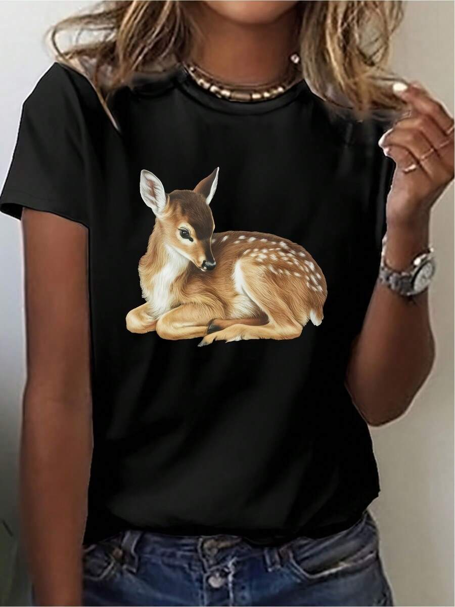 Camiseta de manga corta suave y transpirable para mujer con estampado de cervatillo - Top compatible con blusa de cuello redondo y elasticidad media | Lavable a máquina, atuendo casual para toda tempor, adecuado para todo tipo de cuerpo, vestimenta temática
