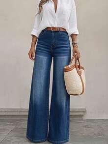 Women's Casual Straight Leg Washed Blue Jeans, Comfortable And Versatile For Daily Wear Spring - Dark Wash - View 2