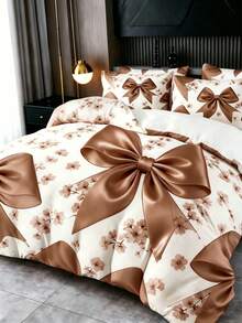 Conjunto de cama elegante com laço preto, 2/3 peças (1 capa de edredom + 1/2 fronha, enchimento de travesseiro não incluído), conjunto de cama luxuoso com laço, macio, quente e confortável para quarto, quarto de hóspedes e dormitório. - marrom - Ver 1