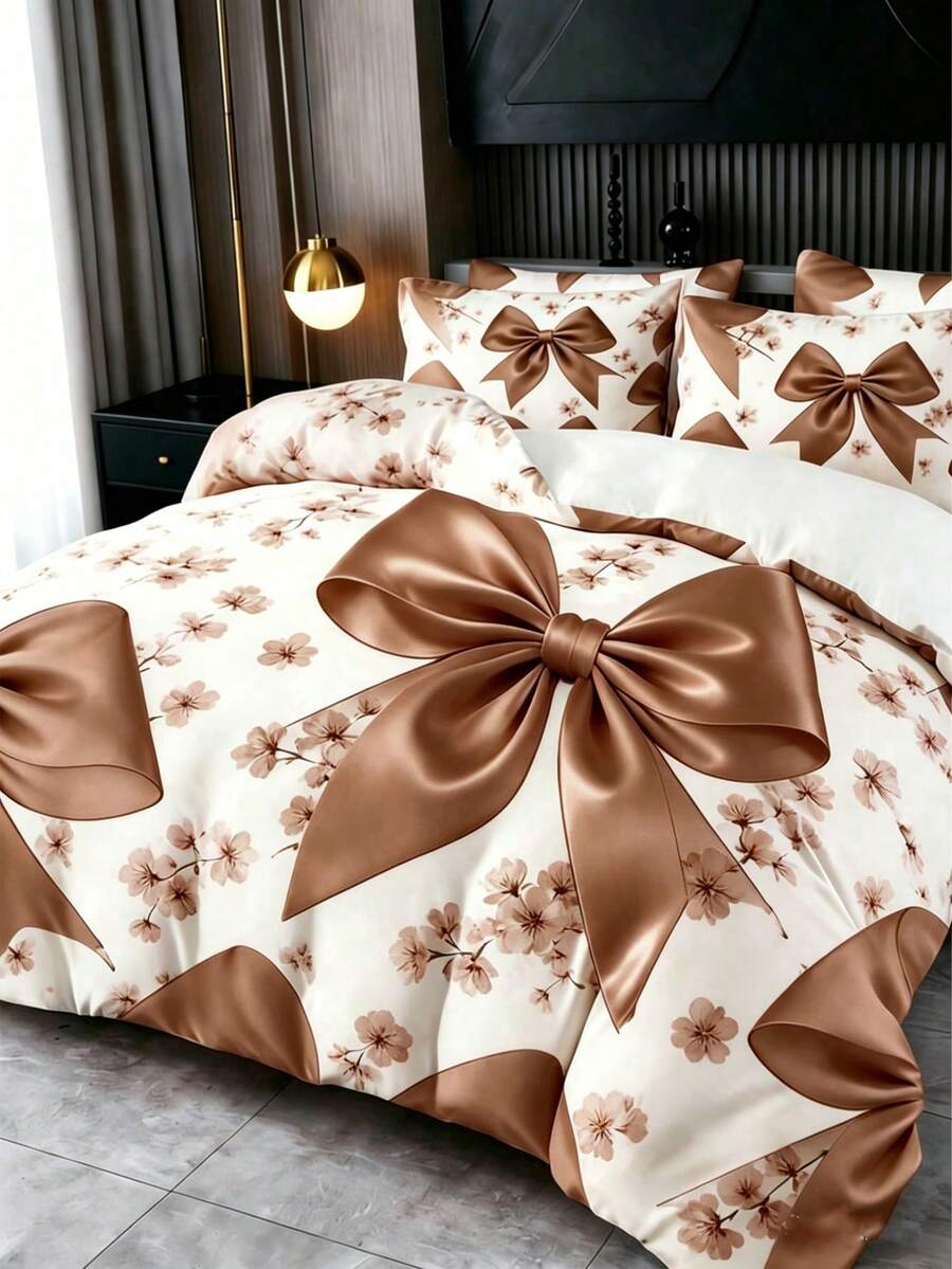Conjunto de cama elegante com laço preto, 2/3 peças (1 capa de edredom + 1/2 fronha, enchimento de travesseiro não incluído), conjunto de cama luxuoso com laço, macio, quente e confortável para quarto, quarto de hóspedes e dormitório. - marrom - Ver 1