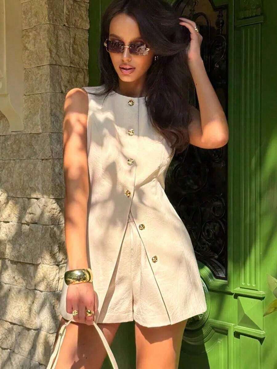 conjunto de 2 piezas con cintura ceñida y bajo asimétrico, estilo elegante vintage, adecuado para el uso diario, salidas y citas, versátil atuendo de primavera/verano - Caqui - Ver 1