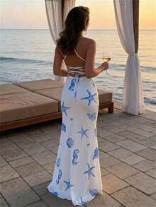 Vestido con estampado floral elegante y espalda descubierta para mujer - Azul y blanco - Ver 9