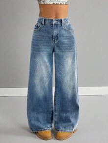 Quần jean denim ống rộng dáng rộng cạp chun cho bé gái, chất liệu denim mài. - Rửa nhẹ - Xem 2