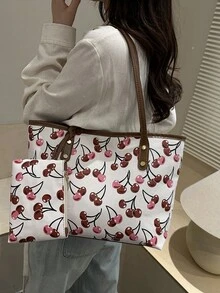 2026新款欧美大容量樱桃印花手提包，通勤上学两用单肩包，百搭女士手提包 - 白色 - 查看 5