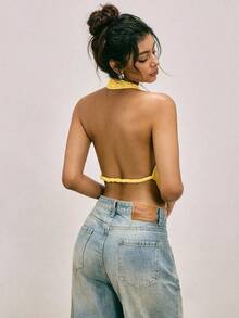 Blusa elegante y sexy de mujer con cuello drapeado y espalda descubierta de unicolor - amarillo ganso - Ver 8