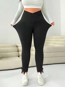Solflare Leggings Elásticos de Cintura Alta para Mujer, Talla Grande, Color Negro, Estilo Casual, Minimalista, Versátil, para el Trabajo, Ropa de Otoño para Mujer - Negro 4 - Ver 3