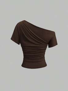 Nueva camiseta casual de primavera/verano para mujer, de estilo elegante y chic de la calle, con hombro asimétrico, ajuste delgado, deportiva, versátil y cómoda - Marrón - Ver 2